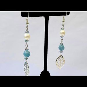 Genuine Pearl,Aquamarine, Crystals & Leaf Earrings Silver, Hand Made.